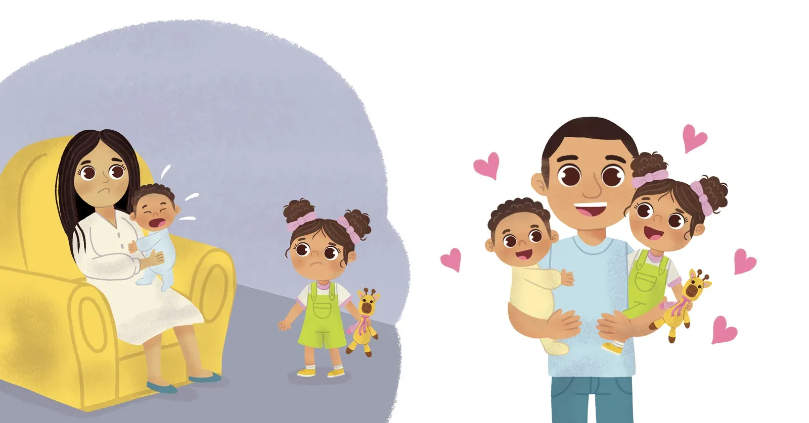 À esquerda, a mãe sozinha com o bebê no colo enquanto Isa observa de longe; à direita, o pai abraça as duas crianças com carinho
