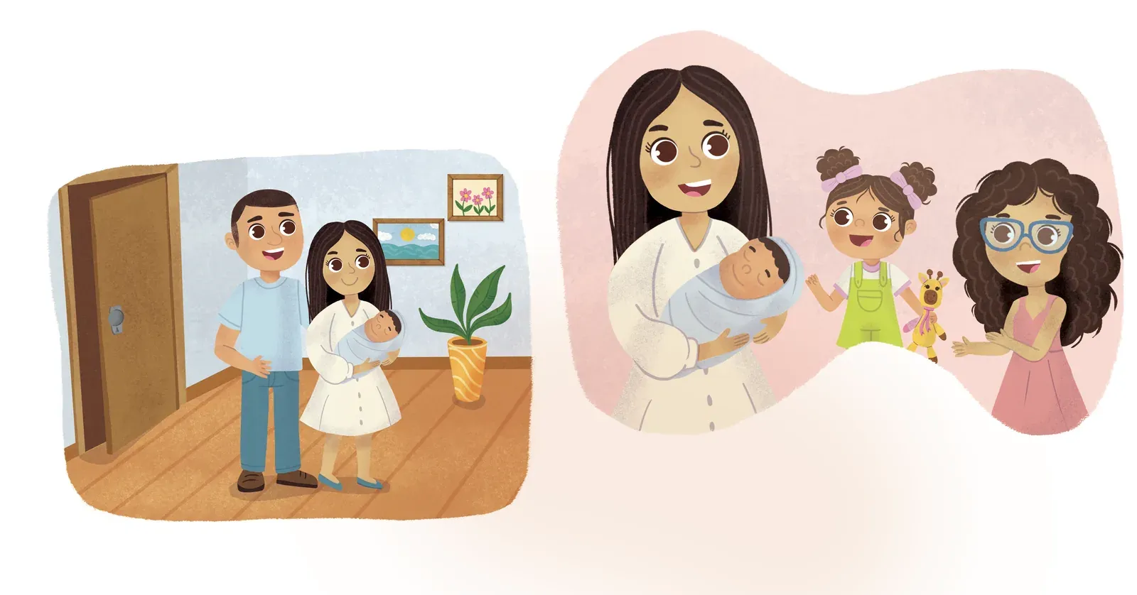 A família chegando em casa com o bebê e depois todos juntos, celebrando