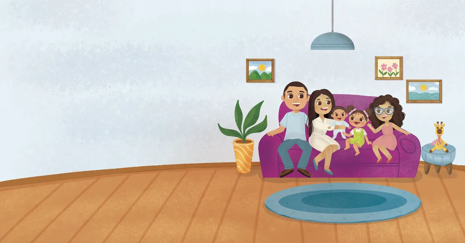 Família reunida no sofá com o bebê recém-chegado, todos sorrindo