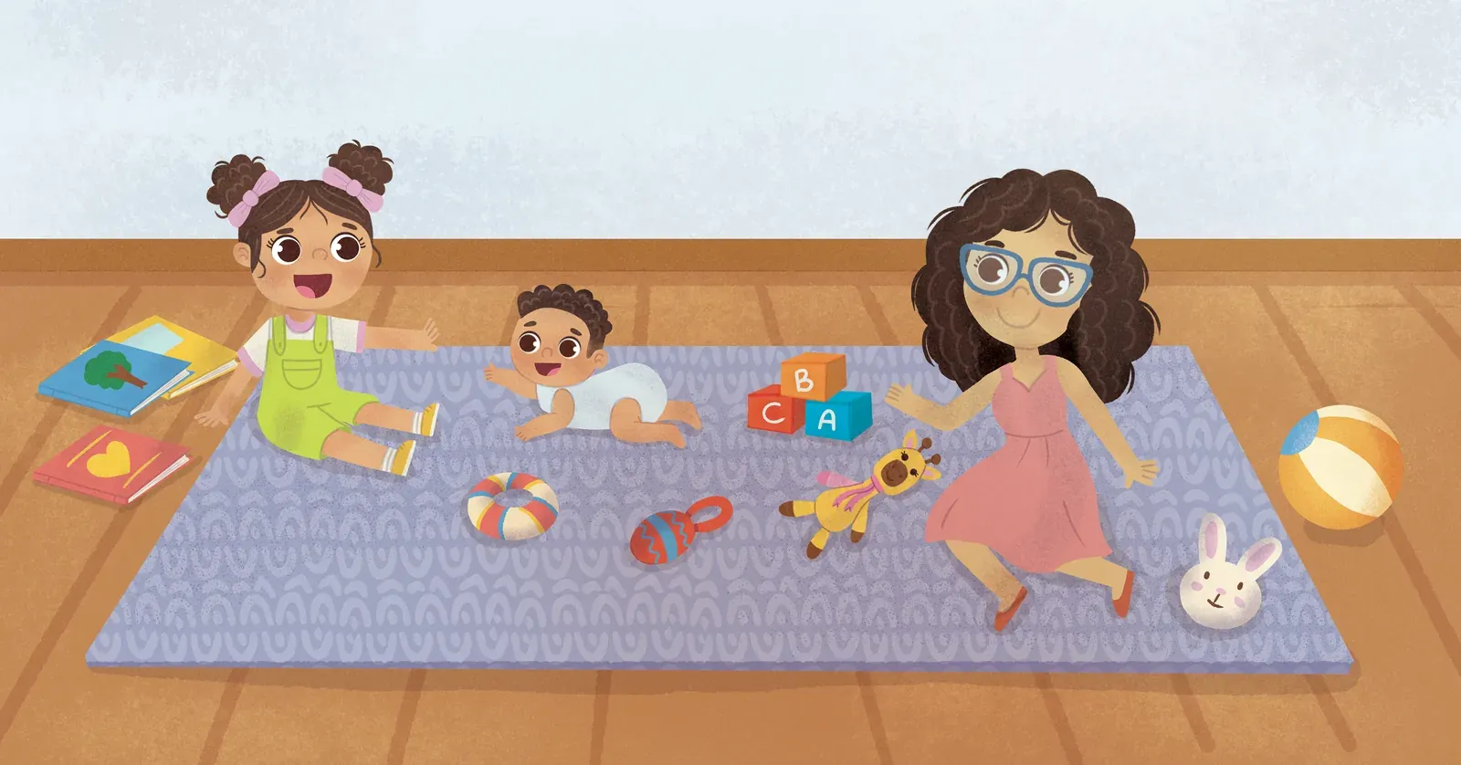 Isa e o irmãozinho brincando juntos no tapete com a mãe por perto