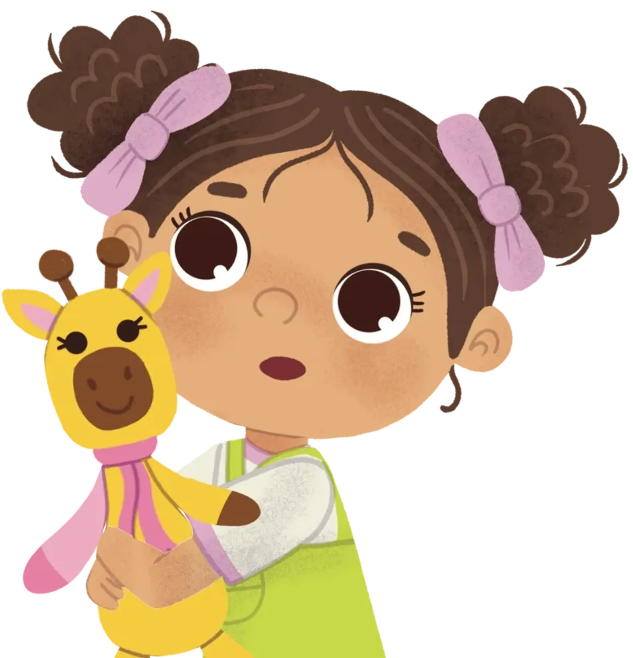 Isa, a personagem do livro, abraçando sua girafinha de pelúcia
